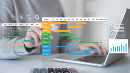 Professional entrepreneur businessman working on project management dashboard data analysis report chart graph workflow structure corporate business diagram schedule calendar planning progress task