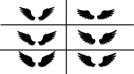 Fototapeta premium Set of six black stylized wing icons isolated on