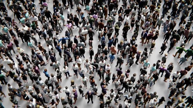Overhead view of a large crowd of diverse people standing and talking together.