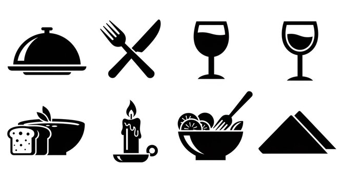 Elegant dining icons for restaurant menus and culinary design projects, featuring wine glasses, salad, soup, sandwiches, and candlelit dinners, perfect for modern bistro promotions