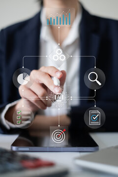 Professional entrepreneur businessman using ai artificial intelligence improve business workflow flowchart diagram system algorithm project management planning strategy data analysis laptop streamline