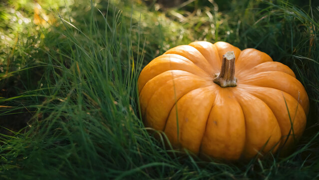 Harvest pumpkin glows softly in the grassy autumn garden a perfect touch for Thanksgiving designs