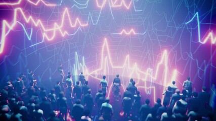 A large group of people observing a complex data visualization of financial trends. - Powered by Adobe