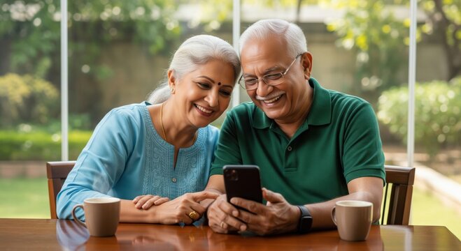 elderly couple sits together at a table, smiling warmly as they look at a smartphone, enjoying a peaceful and joyful moment over coffee.