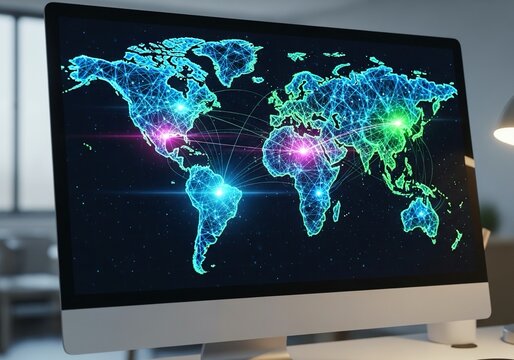Visualize global network connections with a modern world map on a sleek computer screen, showing interconnectedness and worldwide reach for international business and global marketing