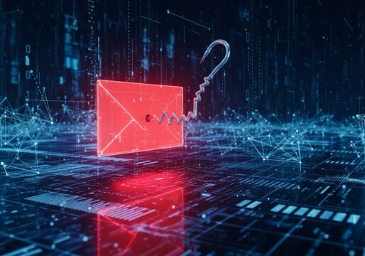 Be alert to phishing email attacks with a red envelope and hook on a tech circuit board, cyber security awareness is critical to protect your company and sensitive data