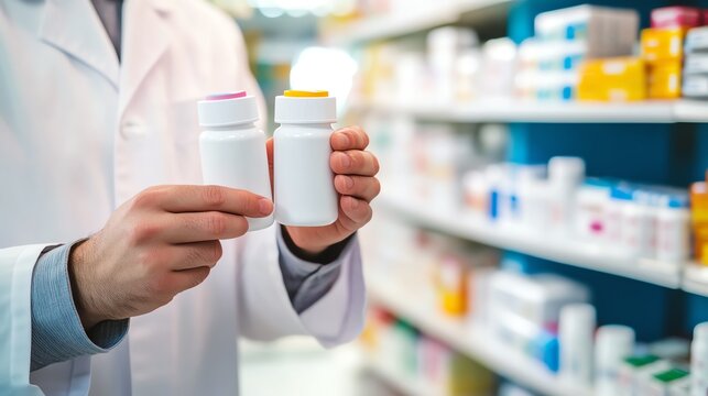 Pharmacist compares medicine bottles in pharmacy.