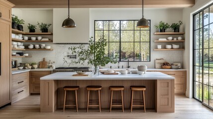 Fototapeta premium Open layout promotes warmth and comfort in the kitchen environment.