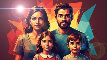 Radiant Family Portrait Modern Illustration Capturing Love, Unity, Connection Against a Vibrant Abstract Background