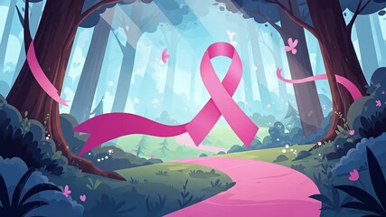 Pink Ribbon in Enchanted Forest for Breast Cancer Awareness.