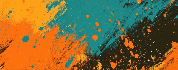 Abstract bsckground with splashes of orange, teal, and black.