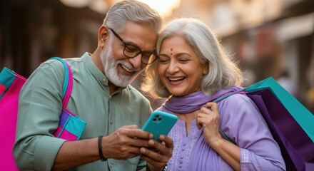 A joyful elderly Indian couple sitting at a table with coffee cups, smiling warmly as they look at a smartphone together.