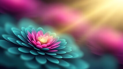 Abstract Turquoise and Magenta Lotus Flower with Glowing Sunlight and Soft Focus