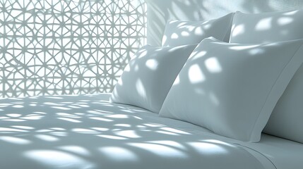 Crisp white pillows and bedding display intricate light and shadow patterns from an ornate screen