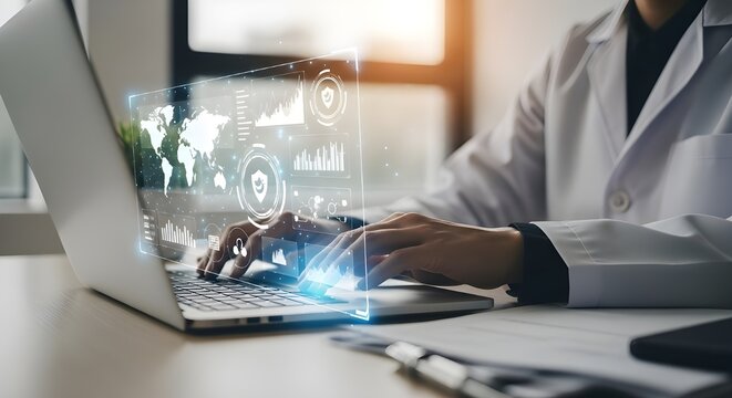 Doctor using laptop with holographic medical interface for research and diagnosis