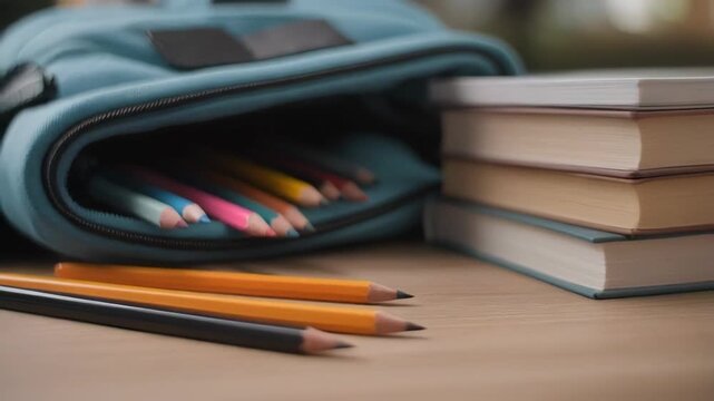Open Blue Zipper Bag with Stacked Books and Colored Pencils on Table
