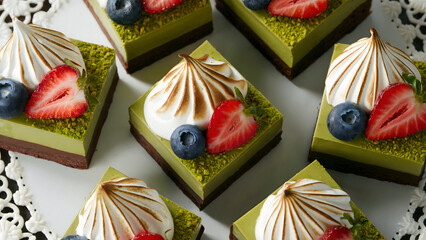 Indulge in these delightful matcha desserts topped with fresh berries and meringue swirls for a sweet celebration