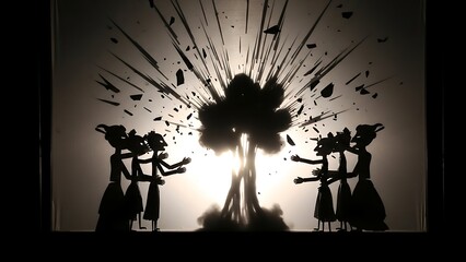 Dramatic Shadow Play Performance Ancient Theater Portraying Central Explosion and Conflict