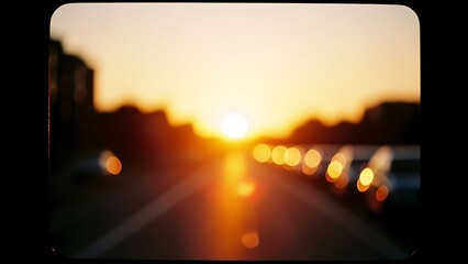 Radiant golden sunset light illuminates a blurry city street with bokeh parked cars and serene atmosphere