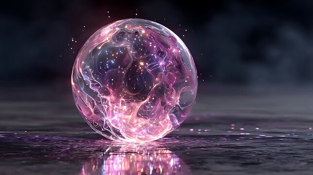 Futuristic holographic sphere design with ambient pink glow on reflective floor