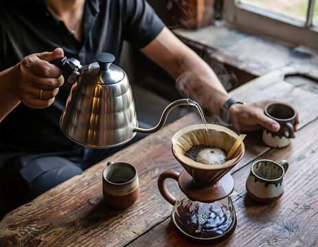  "Artisan pouring hot water into pour-over coffee dripper with ceramic cups on rustic wooden table"