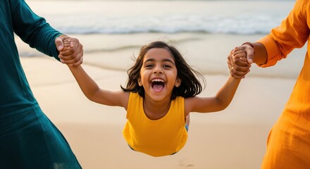 A joyful young girl swings playfully between her parents on a sunny beach, capturing pure happiness and family bonding.