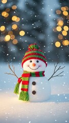 Fototapeta premium A cheerful snowman with a striped hat and scarf stands in the falling snow with bokeh lights behind christams photos 