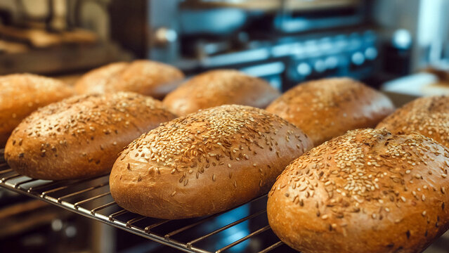 Freshly baked loaves of bread with sesame seeds on a cooling rack look deliciously golden brown and wholesome