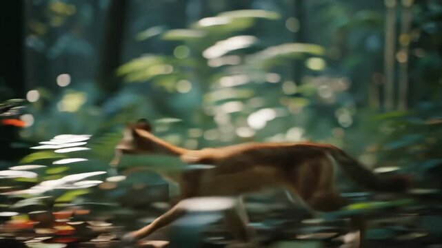 Running Dhole Wild Asian Dog in Lush Forest, Blurred Motion