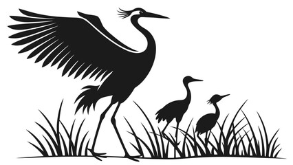 Fototapeta premium Vector illustration of silhouette of a large crane with wings spread standing next to two smaller juvenile birds in tall grass