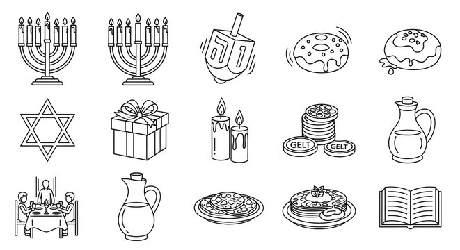 Celebrate Hanukkah with family and friends using this festive collection of menorahs, dreidels, gelt, and delicious traditional foods like latkes and sufganiyot - Powered by Adobe
