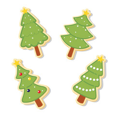 Cute vector illustration set of Christmas tree cookies decorated with stars, ornaments, and icing details, isolated on white background for festive holiday designs and seasonal packaging.