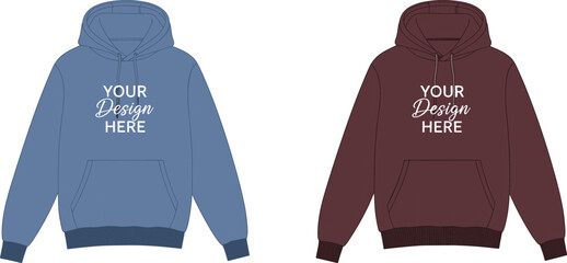 Hoodie mockup set, blue and maroon colors, front view, customizable, blank template, apparel design, casual wear, loungewear, comfortable, vector, illustration, graphic, branding.