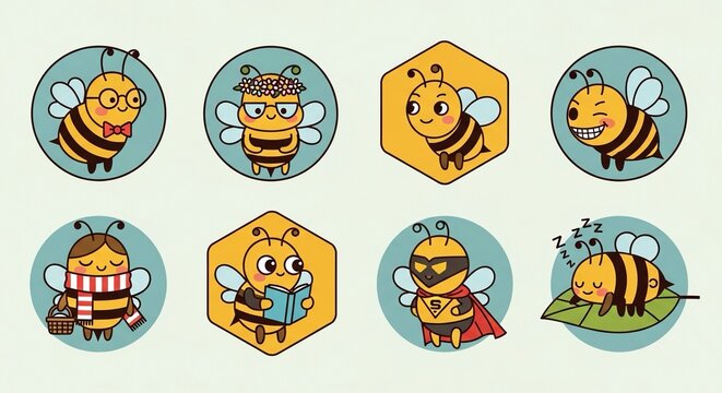 Adorable cartoon bee collection featuring fun characters like a superhero, scholar, and dreamer perfect for children's books or cheerful branding projects