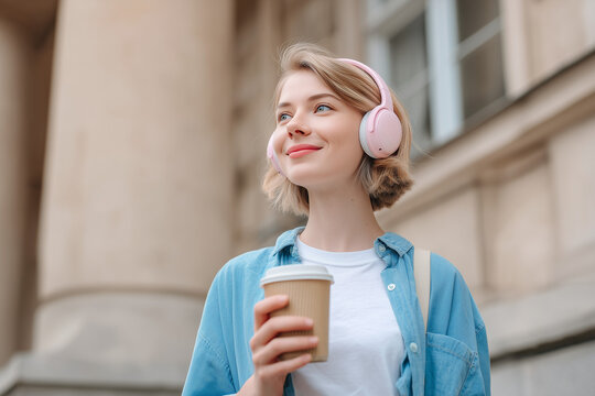 Smiling young woman is listening to music with headphones and holding paper cup of coffee on the morning city street. Lady is enjoying summer day. Break from work - Powered by Adobe