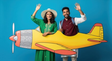 A cheerful young Indian couple poses playfully with a vibrant yellow airplane cutout against a bright blue studio background