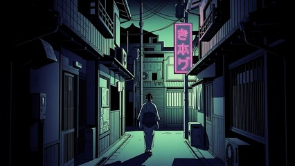 Solitary figure navigating a mysterious, neon-lit Japanese alleyway at the heart of night