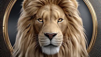 Golden lion head inside decorative circle representing zodiac sign Leo, elegant astrological symbol design with copy space