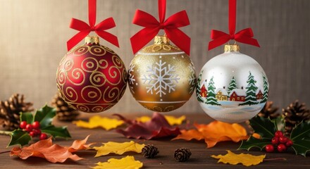 Fototapeta premium Festive christmas ornaments, autumn leaves, and pinecones on wooden table