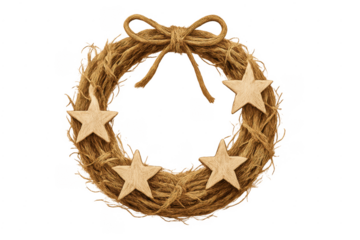 Rustic holiday wreath with twine bow and wooden stars