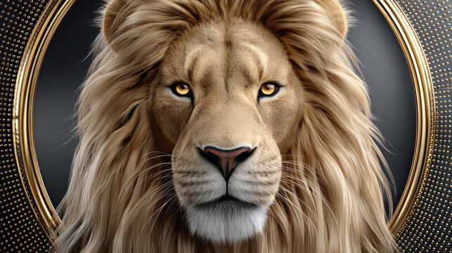 Golden lion head inside decorative circle representing zodiac sign Leo, elegant astrological symbol design with copy space - Powered by Adobe