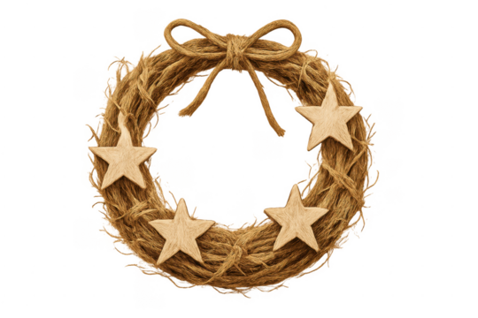 Rustic holiday wreath with twine bow and wooden stars