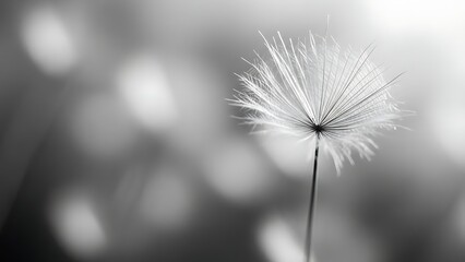 Close-up monochrome macro of a delicate dandelion seed head against a softly blurred background