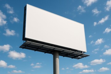 Obraz premium Large blank outdoor billboard mounted on metal pole against blue sky with clouds, ideal for advertising and marketing business concept display. Ai generative