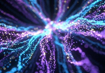 Stunning abstract background with vibrant purple and blue glowing particles creating a dynamic flow, perfect for modern tech or innovative design projects