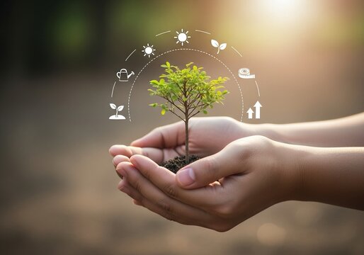 Nurturing growth concept with hands holding a seedling and environmental icons, a visual metaphor for sustainability and new beginnings in a gentle, warm light