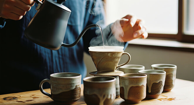  "Person brewing pour-over coffee into ceramic dripper with handmade cups on wooden table" - Powered by Adobe
