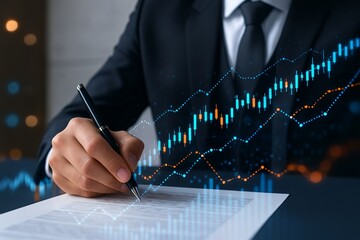 Businessman signing document with financial stock chart overlay, symbolizing investment strategy and market analytics concept in modern finance. Ai generative