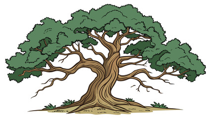 Vector illustration of stylized illustration of a large, ancient, gnarled oak tree with a dense green canopy