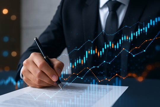 Businessman signing document with financial stock chart overlay, symbolizing investment strategy and market analytics concept in modern finance. Ai generative